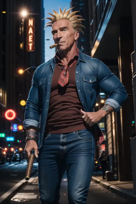 An action  starring tanned middle-aged ([Hey-Arnold|Hey Arnold|Arnold Schwarzenegger] with a cartoonishly wide footballhead and spiky blonde hair), smoking a cigar, blue shirt, red flannel tied around waist, on a city street.
highres, high resolution, detailed, cinematic, artistic shadow, sidelighting.
<lora:LowRA:0.5> <lora:add_detail:0.3> <lora:Hey-Arnold:0.9>