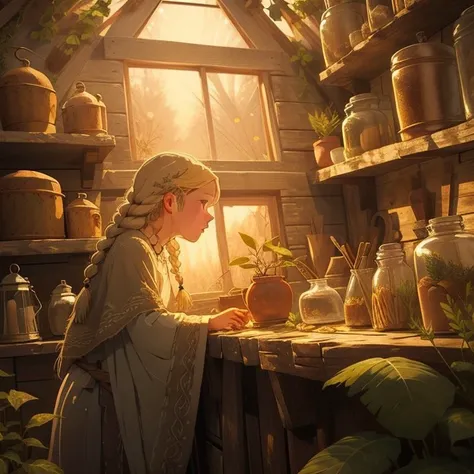 (masterpiece), (best quality), HDR, Song of the Sea, leaves and flowers,girl with blond braids, , rustic aesthetic, (Plant sheds:1.3), indoor, glass, Clear light, ethereal, leaves, Cartoon, texture, 2d illustration, high contrast, outlines, (minimalism),warm atmosphere, rustic style, magical warm light, warm colors, cozy <lora:Song of the Sea_2023-05-20_025452:0.4> <lora:snowlight:1>