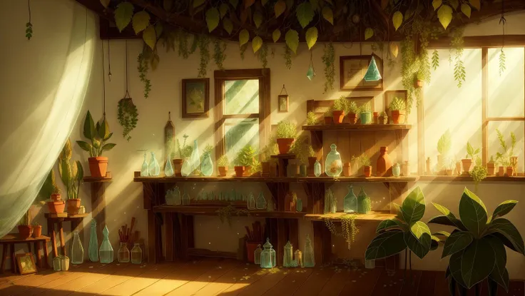 (masterpiece), (best quality), HDR, Song of the Sea, (Plant sheds:1.3), indoor, glass, Clear light, crystal, ethereal, Dappled shadows of leaves, Cartoon, texture, 2d illustration, high contrast, outlines, (minimalism),warm atmosphere, rustic style, magical warm light, warm colors, cozy <lora:Song of the Sea_2023-05-20_025452:0.6>