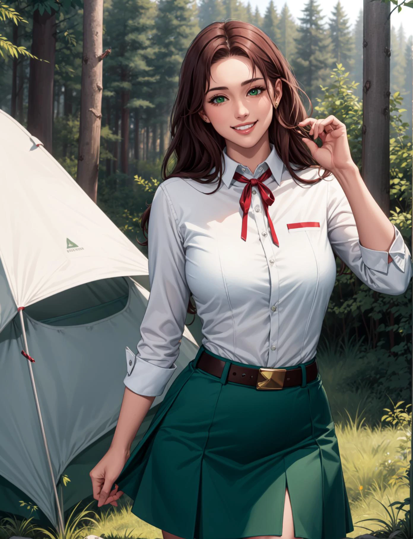 masterpiece, best quality, milf, solo,od, long hair, brown hair, green eyes, green skirt, white shirt, belt,red ribbon, medium breasts, forest,vegetation, outdoors, smiling, tents, camp,
<lora:OlgaLoraV1:0.88>
