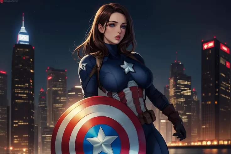 materspiece, ultra high quality, ultra detailed, 8k,
standing, front view,
sky, night, dark, skyscrapers,
1girl, ((captain america)), dark blue and red bodysuit, milf, cleavage, (shield:0.5),
long brown hair,
very beautiful, pretty face, vamp, looking at camera, seductive,
parted lips, thick lips, upper teeth,
thick thighs, big ass,