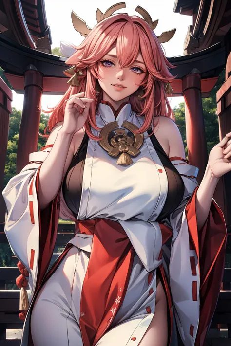 In the serene embrace of a Japanese Shinto shrine, behold a photo of a beautiful miko. Dressed in traditional robes adorned with sacred symbols, she carries an air of reverence and grace. With a gentle smile, she performs sacred rituals, embodying the spirit of the shrine's ancient traditions. (Serene, Sacred, Graceful), (Traditional miko attire:1.3), (Intricate details:1.2), (Photorealistic:1.2), (Reverent, Tranquil, Spiritually-connected), inspired by the timeless art of Utagawa Hiroshige and the spiritual essence of Shinto practices. <lora:YaeMiko_Test:0.9>