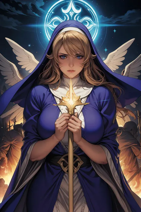 Witness a celestial battle in the darkness as a beautiful nun takes a stand in the eerie graveyard. Clad in divine robes, she emanates an aura of divine protection and determination. The ethereal glow of her sacred weapon illuminates the night, reflecting her bravery as she faces off against malevolent spirits. The tombstones bear silent witness to this extraordinary encounter between light and darkness. (Divine robes, Celestial battle in darkness), (Aura of divine protection and determination:1.3), (Ethereal glow of the sacred weapon:1.2), (Facing off against malevolent spirits:1.2), inspired by the mystical world of celestial confrontations,(((milf))), <lora:siggy-000001:0.6>