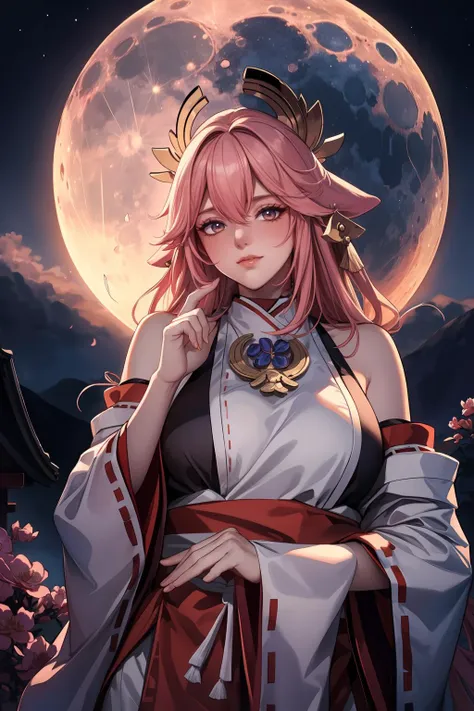 Under the soft glow of the moon, a beautiful miko assumes the role of a guardian of the shrine. Clad in moonlit hues, she maintains a serene vigil, protecting the sacred grounds as night embraces the world. Her presence brings comfort and reassurance to visitors and spirits alike. (Moonlit, Guardian, Serene), (Lunar hues:1.3), (Intricate details:1.2), (Photorealistic:1.2), (Watchful, Calm, Protective), inspired by the mystical moonlit scenes of Tsukioka Yoshitoshi and the ethereal ambiance of nocturnal rituals.<lora:YaeMiko_Test:0.75>