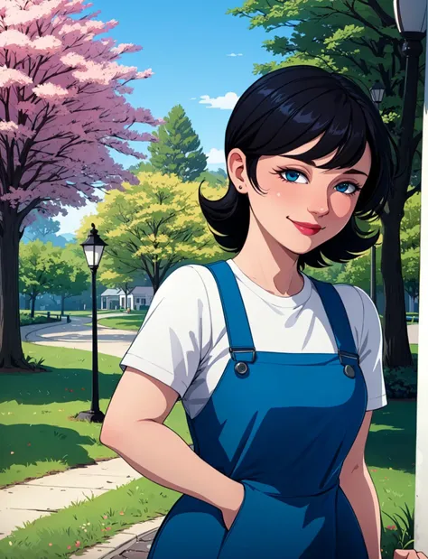 cartoon drawing, realistic, detailed, (solo), (milf), 1girl,female, (keane:1.15) walking in park, (short black hair),medium hair,(blue eyes), small breasts, white summer dress, upper body,closed mouth, smiling, wide hips, blushing, tree, flowers, path, lamp post, blue overalls
<lora:keane-10:0.8>