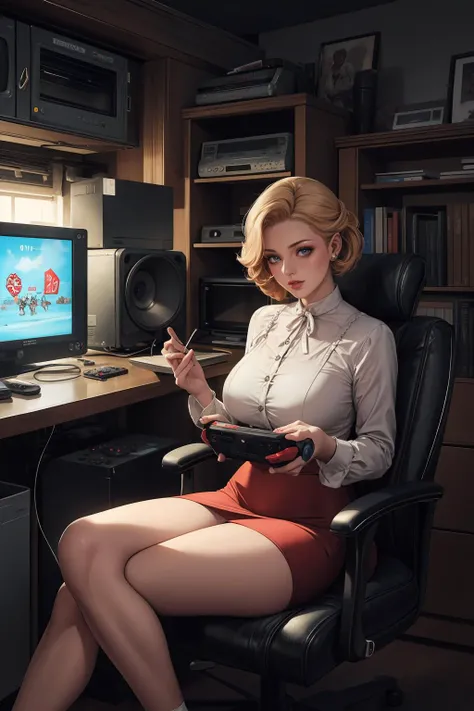 1930s, videogame console, buttons, wires, circuits, tacky, pretty woman with brightly colored clothes sitting in the glow of a crt monitor, drab environment