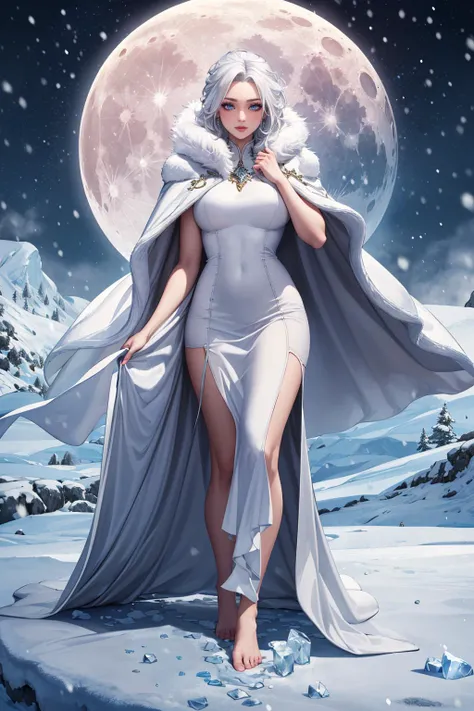 masterpiece, best quality, high resolution, highly detailed, HDR, intricate detail, ultra detailed, portrait, woman with white hair (ice skin:1.2), eyelashes, (wearing pure white long dress:1.2), (wearing white fur cape:1.2) bare feet, (snowing,:1.2), moon,
