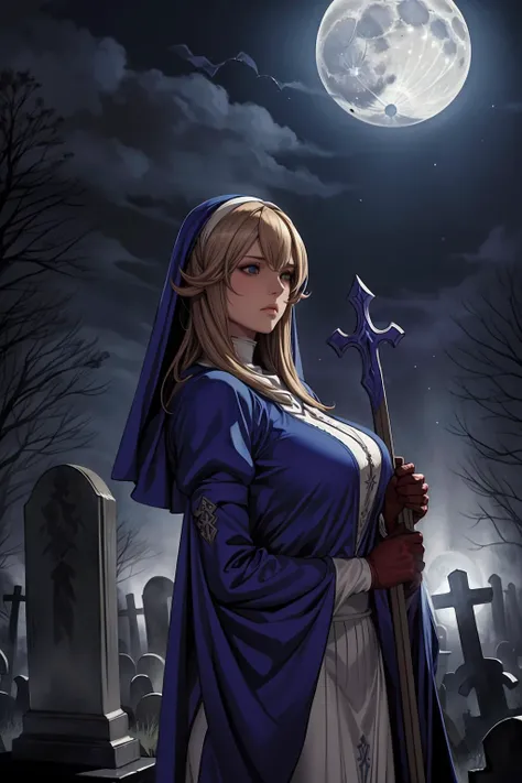 Unveil the divine wrath with a mesmerizing photo of a beautiful nun, her ethereal attire blending seamlessly with the haunting ambiance of the graveyard. The soft moonlight casts an enchanting glow as she wields a sacred weapon against unseen forces. The gravestones stand witness to her valiant battle against darkness, creating a scene of both serenity and intensity. (Ethereal attire, Divine wrath), (Haunting ambiance of the graveyard:1.3), (Sacred weapon against unseen forces:1.2), (Soft moonlight's enchanting glow:1.2), inspired by the mystical world of sacred battles,(((milf))), <lora:siggy-000001:0.75>