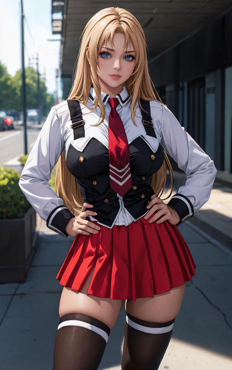 ((masterpiece, best quality)), insaneres, absurdres, solo, outdoors,
CLOTHING_BibleBlack_SchoolDress_ownwaifu,
1girl, blonde hair, long hair, blue eyes,
black vest, red skirt, white shirt, collared shirt, suspenders, school uniform, black thighhighs, zettai ryouiki, necktie, long sleeves, pleated skirt, red necktie,
(contrapposto, hand on hip)<lora:CLOTHING_BibleBlack_SchoolDress_ownwaifu:1>,
lens flare, depth of field, bokeh, embers, vanishing point, looking at viewer,