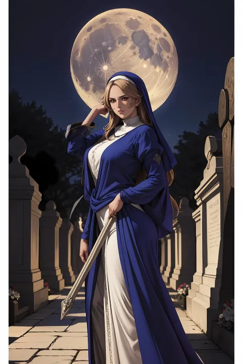 Experience the grace of faith entwined with fierce valor in a captivating photo of a beautiful nun fighting amidst the solemnity of the graveyard. The delicate balance of light and shadow accentuates her ethereal presence as she brandishes a sacred weapon against lurking malevolence. The moon's gentle radiance illuminates her resolve, turning the graveyard into a sacred battleground. (Delicate balance of light and shadow, Grace of faith with fierce valor), (Ethereal presence:1.3), (Sacred weapon against lurking malevolence:1.2), (Moon's gentle radiance:1.2), inspired by the mystical world of sacred valor,(((milf))), <lora:siggy-000001:0.6>
