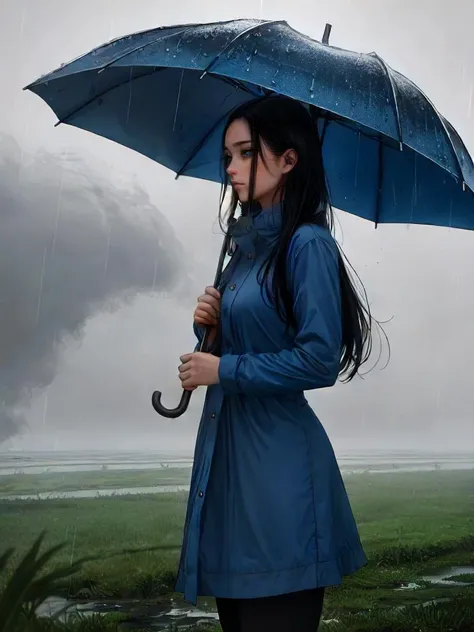 Art, blue colors, blue dominance, blue ambiance, rain, water_drop, blue fog, mist, fog, grass on the ground, plains, bad weather, melancholic, BREAK,
1girl, standing, holding umbrella, long black hair, wet