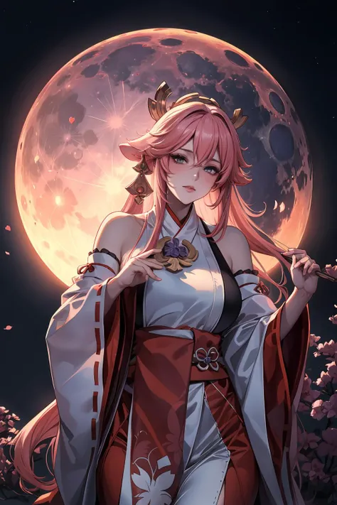 Under the soft glow of the moon, a beautiful miko assumes the role of a guardian of the shrine. Clad in moonlit hues, she maintains a serene vigil, protecting the sacred grounds as night embraces the world. Her presence brings comfort and reassurance to visitors and spirits alike. (Moonlit, Guardian, Serene), (Lunar hues:1.3), (Intricate details:1.2), (Photorealistic:1.2), (Watchful, Calm, Protective), inspired by the mystical moonlit scenes of Tsukioka Yoshitoshi and the ethereal ambiance of nocturnal rituals.<lora:YaeMiko_Test:0.75>