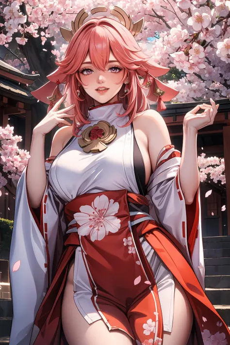 During the enchanting Sakura Festival, a beautiful miko adorns herself with cherry blossoms, embodying the ephemeral beauty of spring. She exudes a sense of joy and celebration as she dances under blooming cherry trees, a symbol of renewal and hope. (Cherry blossom festival, Festive, Joyful), (Cherry blossom adornments:1.4), (Intricate details:1.2), (Photorealistic:1.2), (Vibrant, Jubilant, Radiant), inspired by the hanami scenes in Japanese woodblock prints and the vivacity of cherry blossom festivals.<lora:YaeMiko_Test:0.75>