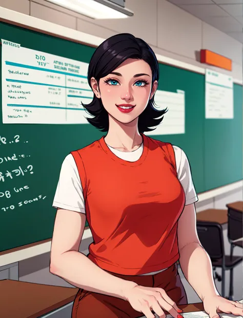 cartoon drawing, realistic, detailed, (solo), (milf), 1girl,female, (keane:1.15) sitting on desk in classroom, indoors, room,(short black hair),medium hair,blue eyes, small breasts,(orange shirt), (red vest),brown pants, smiling,
<lora:keane-10:0.8>
