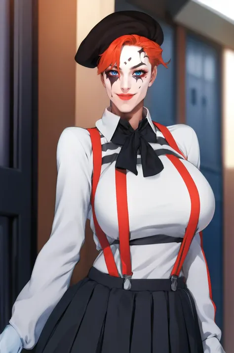 best quality, (solo), (milf),female, <lora:SC-Mime_Lora:0.9>, m1m3, 1girl, (neckerchief:0.5), stripped shirt, navel, massive breasts, suspenders slip, underboob, smile, pleated skirt, beret, gloves, night, streets, (painted face, black and white, red lips),
moria, orange hair, short hair, -- heterochromia, red eye, blue eye, <lora:moria:0.8>