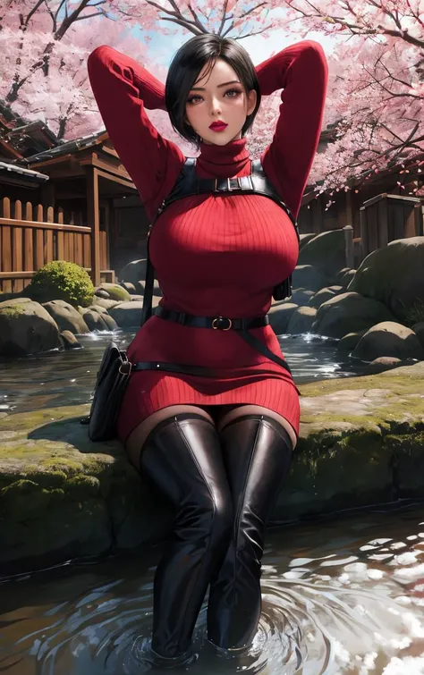 (masterpiece, best quality:1.4), insaneres, absurdres, solo, looking at viewer,BREAK
GAME_ResidentEvil4Remake_AdaWong_ownwaifu,
1girl, asian, black hair, short hair, brown eyes, lips, bangs, large breasts, red lips, makeup, lipstick,
sweater, dress, gloves, holster, shoulder holster, black gloves, turtleneck, turtleneck sweater, sweater dress, ribbed sweater, long sleeves, harness,
belt, thighhighs, pantyhose, thigh boots, black thighhighs, red sweater, red dress,
(sitting, soaking feet, arms behind head), onsen, mount fuji, cherry blossoms, outdoors,<lora:GAME_ResidentEvil4Remake_AdaWong_ownwaifu:0.65>, depth of field