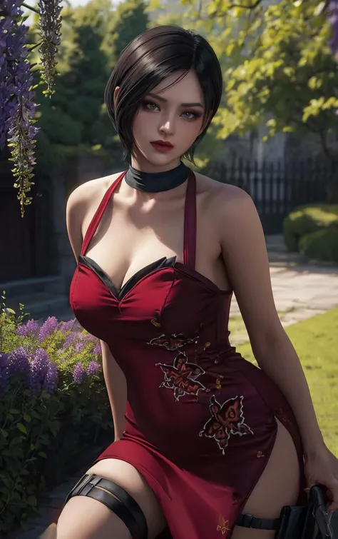 1 girl,(Velvet dress, stockings),outdoor, (permanent,sexy model pose:1.2),jewelry,Lips slightly open, lustful smile, red lips,(huge breasts),((8k, original photo, top quality, masterpiece), HD RAW color photos professional close-up photos), (actual, photorealism: 1.37), (best quality), (best shade),ultra high resolution, HD CG unified 8K wallpaper,soft sunshine,clothing details, alone,Tamaki