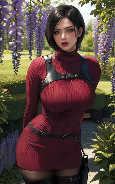 (masterpiece, best quality:1.4), insaneres, absurdres, solo, looking at viewer,BREAK
GAME_ResidentEvil4Remake_AdaWong_ownwaifu,
1girl, asian, black hair, short hair, brown eyes, lips, bangs, large breasts, red lips, makeup, lipstick,
sweater, dress, gloves, holster, shoulder holster, black gloves, turtleneck, turtleneck sweater, sweater dress, ribbed sweater, long sleeves, harness,
belt, thighhighs, pantyhose, thigh boots, black thighhighs, red sweater, red dress,
(leaning forward, arms behind back), cowboy shot, garden, wisteria, outdoors, <lora:GAME_ResidentEvil4Remake_AdaWong_ownwaifu:0.85> , depth of field