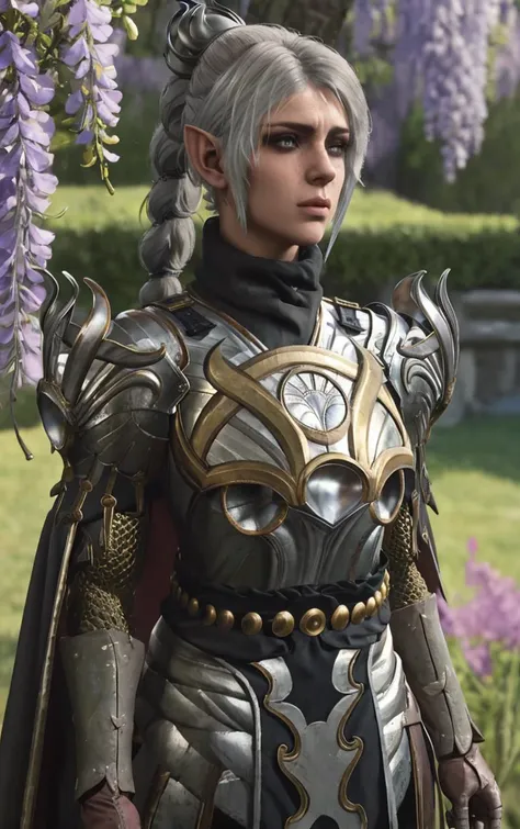 (masterpiece, best quality:1.4), insaneres, absurdres, solo, looking at viewer,BREAK 
WhiteArmor_ShadowHeart_ownwaifu, 
1girl, white hair, pointy ears, short hair, elf, lips, braid, long hair, grey hair, grey eyes, single hair bun, hair bun, bangs, freckles, scar, ponytail, scar on face, single braid, nose, 
armor, shoulder armor, pauldrons, breastplate, gauntlets, chainmail, gloves, cape, plate armor, turtleneck,
(leaning forward, arms behind back), cowboy shot, garden, wisteria, outdoors, <lora:GAME_BaldurGate3_ShadowheartWhiteHair_ownwaifu:0.85> , depth of field