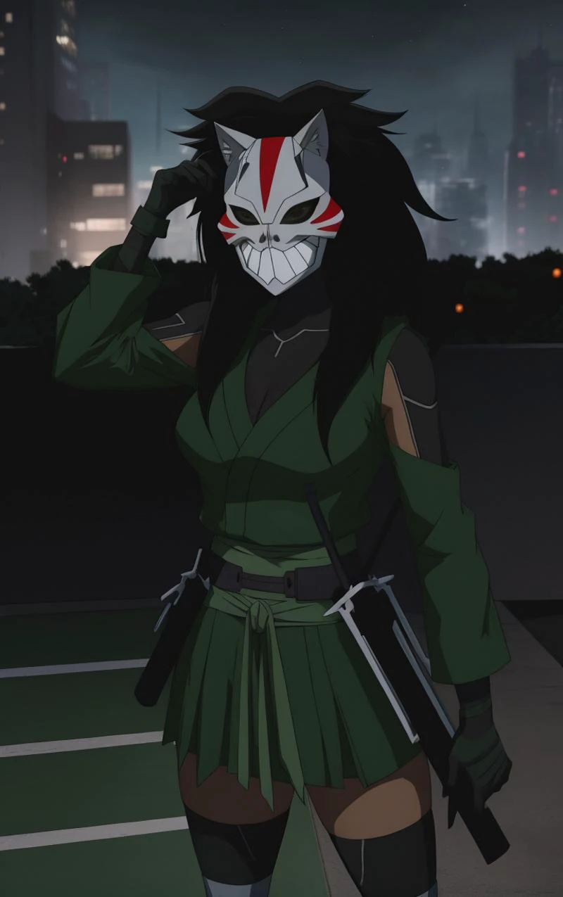 (masterpiece, best quality:1.4), insaneres, absurdres, solo, looking at viewer,BREAK
Masked_YJ_Cheshire_ownwaifu, www.ownwaifu.com,
mask, masked, 1girl, long hair, breasts, medium breasts, mask on head, fox mask, black hair, spiked hair, big hair, lipstick,
cleavage, asymmetrical_sleeves, black thighhighs, knee pads, thighhighs, japanese clothes, ninja, belt, skirt, black legwear, boots, black gloves, elbow gloves, long sleeves, green jacket, green shirt, green vest, ribbon,
(contrapposto, arms behind head, aerial fireworks), wading, neon_lights, cityscape, night, pool, full moon, outdoors, <lora:CARTOON_DC_YJ_Cheshire_ownwaifu:0.9> , depth of field, solo,