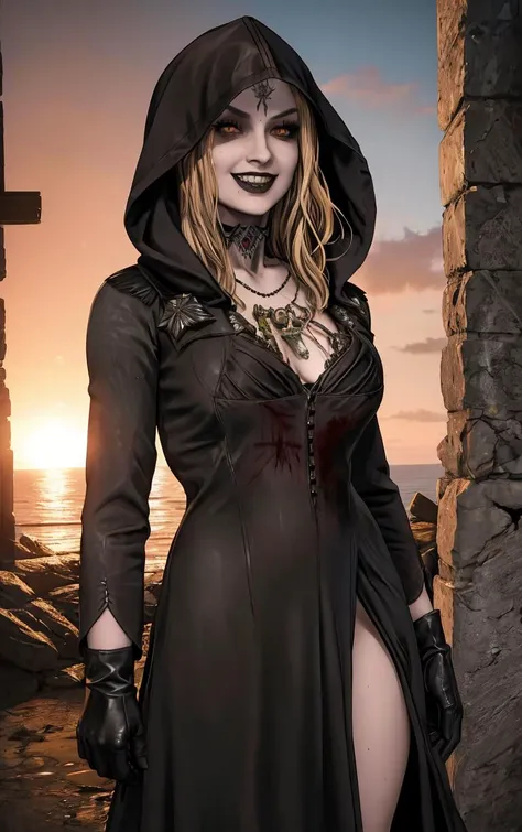 (masterpiece, best quality:1.4), insaneres, absurdres, solo, looking at viewer,BREAK
BlackDress_ResidentEvilVil_DanielaDimitrescu_ownwaifu,
1girl, breasts, black lips, makeup, smile, medium breasts, teeth, grin, lips, pale skin, facial mark, collarbone, forehead mark, long hair, lipstick, large breasts, tattoo, blood on face, evil smile, colored skin, crazy eyes, blonde hair,
jewelry, necklace, hood, gloves, hood up, dress, choker, yellow eyes, black gloves, blood, black dress, cross, gothic, black choker, gem, long dress, long sleeves, plunging neckline, horror \(theme\),
(contrapposto, hand on hip), sunset, sidelighting, outdoors, <lora:GAME_ResidentEvilVil_DanielaDimitrescu_ownwaifu:1> , depth of field