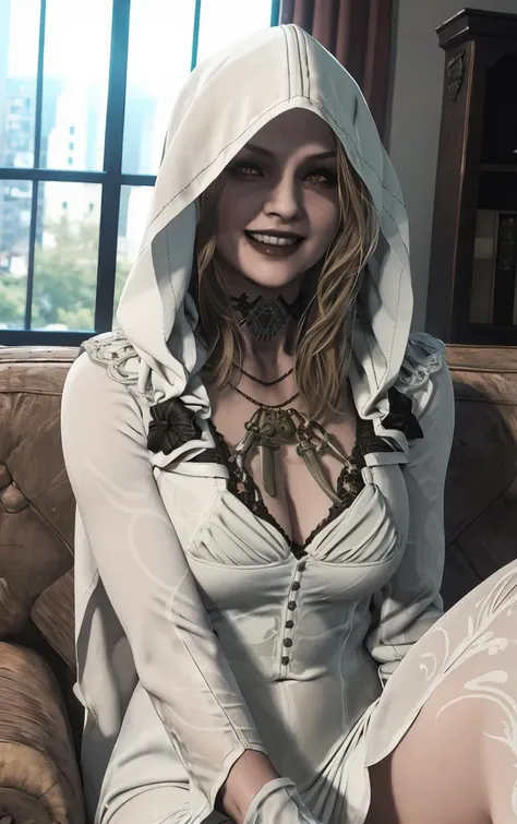 (masterpiece, best quality:1.4), insaneres, absurdres, solo, looking at viewer,BREAK
WhiteDress_ResidentEvilVil_DanielaDimitrescu_ownwaifu,
1girl, breasts, smile, medium breasts, black lips, makeup, lipstick, grin, lips, pale skin, forehead mark, necklace, long hair, choker, blonde hair, yellow eyes, large breasts, tattoo, brown hair,
jewelry, dress, cleavage, white dress, gloves, flower, hood, cross, long dress, bridal veil, horror \(theme\), wedding dress, white gloves,
(sitting, spread legs), arms behind back, couch, window shade, indoors, <lora:GAME_ResidentEvilVil_DanielaDimitrescu_ownwaifu:0.95> , depth of field