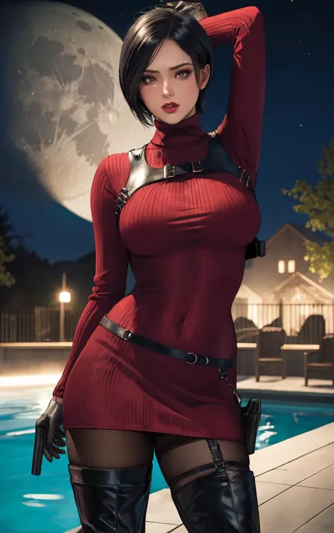 (masterpiece, best quality:1.4), insaneres, absurdres, solo, looking at viewer,BREAK
GAME_ResidentEvil4Remake_AdaWong_ownwaifu,
1girl, asian, black hair, short hair, brown eyes, lips, bangs, large breasts, red lips, makeup, lipstick,
sweater, dress, gloves, holster, shoulder holster, black gloves, turtleneck, turtleneck sweater, sweater dress, ribbed sweater, long sleeves, harness,
belt, thighhighs, pantyhose, thigh boots, black thighhighs, red sweater, red dress,
(contrapposto, arms behind head), neon_lights, cityscape, night, pool, full moon, outdoors, <lora:GAME_ResidentEvil4Remake_AdaWong_ownwaifu:0.9> , depth of field
