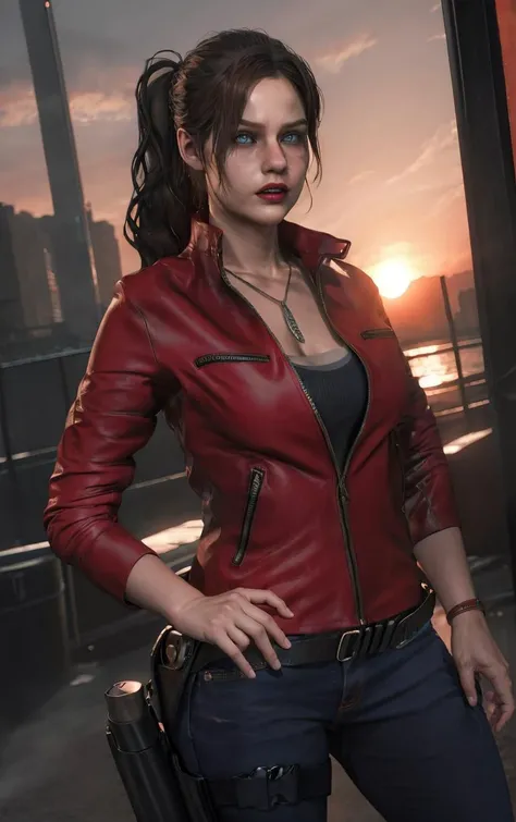 (masterpiece, best quality:1.4), insaneres, absurdres, solo, looking at viewer,BREAK
GAME_ResidentEvil2Remake_ClaireRedfield_ownwaifu,
lips, brown hair, blue eyes, ponytail, breasts, long hair, large breasts, nose, red lips, makeup, dog tags, lipstick,
jacket, jewelry, necklace, red jacket, pants, belt, denim, jeans, holster, bracelet, zipper, pendant, cleavage, collarbone, thigh holster, long sleeves, silk, leather jacket,
(contrapposto, hand on hip), sunset, sidelighting, outdoors, <lora:GAME_ResidentEvil2Remake_ClaireRedfield_ownwaifu:1> , depth of field