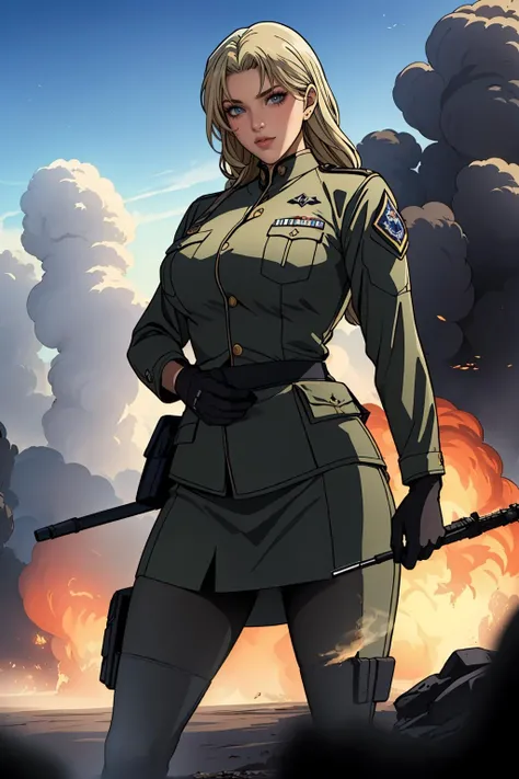 Capture the strength and determination of a fearless female soldier as she stands tall amidst the chaos of the battlefield. With a commanding presence, she leads her troops with unwavering resolve. The dust and smoke swirling around her create a dramatic and powerful backdrop, symbolizing the intensity of the conflict. Her firm gaze and authoritative posture exude leadership, making this photo a testament to the courage and valor of women in the military. (Strength and determination, Fearless female soldier commanding the battlefield), (Chaos of the battlefield backdrop:1.3), (Unwavering resolve and commanding presence:1.2), (Dust and smoke creating a dramatic backdrop:1.2), inspired by the bravery of women in the armed forces,(((milf)))  <lora:Vermouth_20230727192625:0.9>
