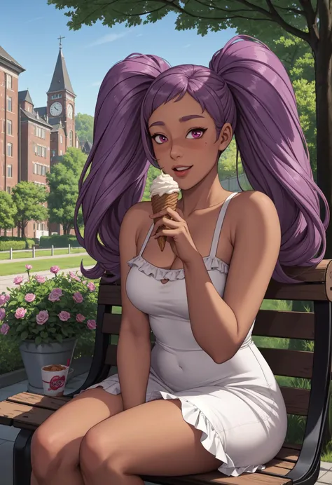 (realistic), (masterpiece, best quality),solo,hot (milf:1.28),Entrapta sitting on bench,small breasts, slim, long hair, twintails, purple hair, dark skin,magenta eyes, (white summer dress), frills,happy, pouting, blushing,park, outside, tree, flowers, plants, buildings, looking at viewer, holding ice cream cone
<lora:Entrapta-08:0.75>