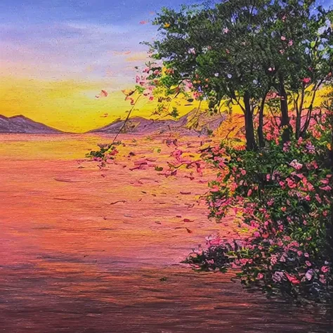 mountain, river, tree, flower, sunset, <lora:dp (1):1>
