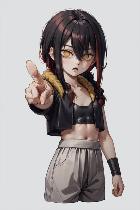 1girl, black hair, yellow eyes, long hair, braided ponytail, hair between eyes, ringed eyes, red hair, two-tone hair <lora:makimagoofy:1> <lora:nayuta:1>, pointing viewer, open mouth, expressionless, white background, <lora:MetamoranVest:1>, metamoran vest, black wristbands, white pants, blue belt, cropped legs, black sports bra, crop top, flat chest