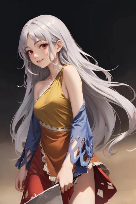 (masterpiece, best quality:1.2), cowboy shot, solo, 1girl, sakata nemuno, smile, looking at viewer, holding cleaver, nata \(tool\), grey hair, multicolored dress, single strap, detached sleeves, bare shoulders, <lora:touhou_sakata:1.0>