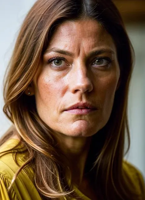 A stunning intricate color close up portrait of (sks woman:1) , wearing Peplum blouse and pencil skirt, epic character composition, sharp focus, natural lighting, subsurface scattering, f2, 35mm, film grain, , by Annie Leibovitz, <lora:locon_jennifercarpenter_v1_from_v1_64_32:1>