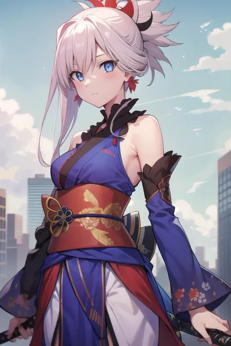 miyamotomusashi, <lora:miyamotomusashitest:1>, miyamoto musashi, asymmetrical hair, blue eyes, earrings, hair ornament, pink hair, ponytail, sidelocks,
BREAK bare shoulders, blue kimono, detached sleeves, elbow sleeve, japanese clothes, kimono, obi, sash, sleeveless, sleeveless kimono,,
BREAK outdoors, city,
BREAK looking at viewer,
BREAK <lora:GoodHands-vanilla:1>, (masterpiece:1.2), best quality, high resolution, unity 8k wallpaper, (illustration:0.8), (beautiful detailed eyes:1.6), extremely detailed face, perfect lighting, extremely detailed CG, (perfect hands, perfect anatomy),