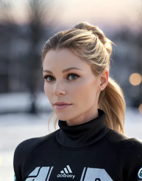 Jul13B0w3n_V1-Emb, Beautiful girl wearing a thin athletic sweater, Side-swept hair, depth of field, morning in the snow, (8k, RAW photo, best quality, depth of field, ultra high res:1.2), (intricate, photorealistic, masterpiece, ultra-detailed), dynamic lighting