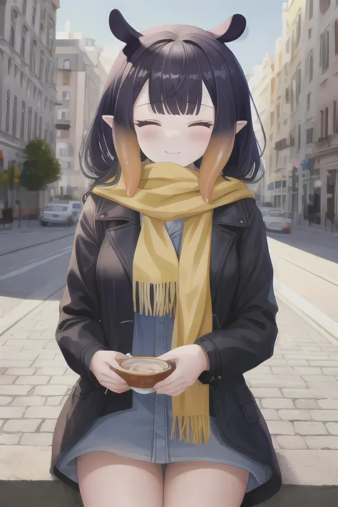 masterpiece, best quality, 1girl, white hair, medium hair, cat ears, closed eyes, looking at viewer, :3, cute, scarf, jacket, outdoors, streets, ninoina, satured colours