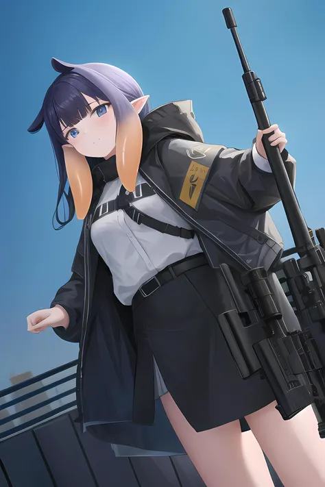 1girl, , city, , depth_of_field, , jacket, , looking_at_viewer,, ninoina, gun , assault rifle, (rifle), aiming at distance, shooting at distance, lying, rooftop