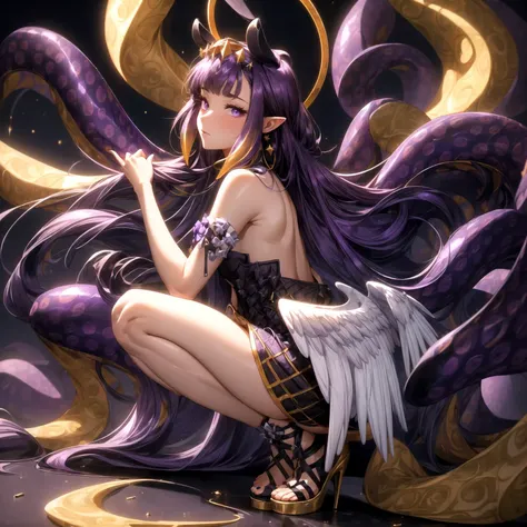 (masterpiece:1.2),(best quality:1.2),(absurdres:1.2),backless outfit,backless dress,1girl,dress,hair ornament,high heels,very long hair,purple eyes,purple hair,solo,sparkle,squatting,star in eye,earrings,jewelry,pointy ears,<lora:ninomae ina'nis 5 outfits:1>,inapriestess,strapless dress,low wings,halo,tentacles,