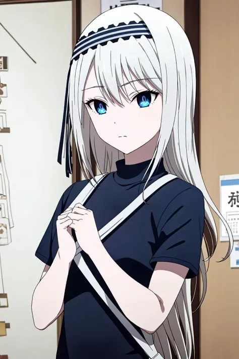 <lora:Kei Shirogane:0.7>,Kei, 1girl, solo, blue eyes, long hair, hairband, shirt, black shirt, bag, bangs, short sleeves, upper body, indoors, grey hair, black hairband, closed mouth, breasts, white hair