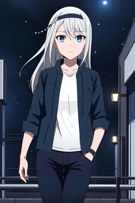 ((best quality)),((highly detailed)),masterpiece,absurdres,detailed face,beautiful face,(detailed eyes, deep eyes),(1girl),((dynamic pose)),<lora:Kei_V1.4:0.7>Kei, 1girl, blue eyes, long hair, hair between eyes, grey hair, bangs, black hairband, jacket, walking, at night, (eyes looking away from the viewer:1.3, looking away from viewer:1.3), ripped jeans, hands in pocket, nighttime, city streets, neon signs, crowd behind,