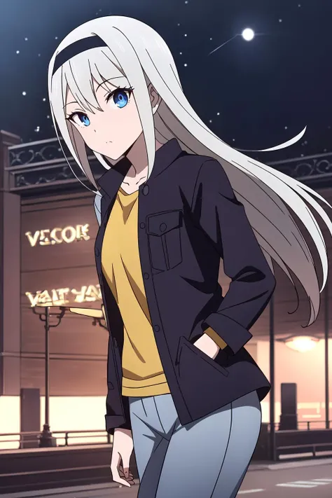 ((best quality)),((highly detailed)),masterpiece,absurdres,detailed face,beautiful face,(detailed eyes, deep eyes),(1girl),((dynamic pose)),<lora:Kei_V1.4:0.7>Kei, 1girl, blue eyes, long hair, hair between eyes, grey hair, bangs, black hairband, jacket, walking, at night, (eyes looking away from the viewer:1.3, looking away from viewer:1.3), ripped jeans, hands in pocket, nighttime, city streets, neon signs, crowd behind,