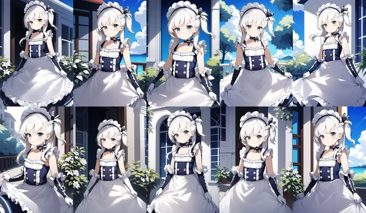 score_9, score_8_up, score_7_up, score_6_up, score_5_up, score_4_up, source_anime, bbbelfast, one side up, aged down, maid headdress, blue choker, frills, maid, sleeveless, elbow gloves, white gloves, waist apron, white apron, <lora:belfast_(azur_lane)_ponyxl_1:0.9>, standing, cowboy shot, outdoors