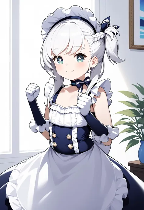 score_9, score_8_up, score_7_up, score_6_up, score_5_up, score_4_up, source_anime, bbbelfast, one side up, aged down, maid headdress, blue choker, frills, maid, sleeveless, elbow gloves, white gloves, waist apron, white apron, <lora:belfast_(azur_lane)_ponyxl_1:0.9>, hands up, clenched hands, standing, cowboy shot, sparkling eyes, smile