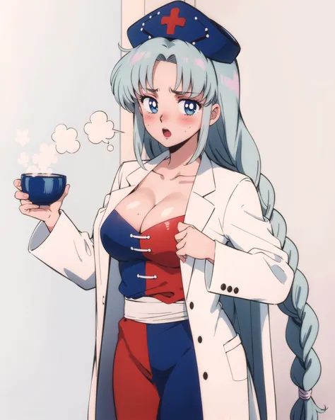 <lora:eirin:1>,1girl, bangs, blue_dress, blue_eyes, blue_headwear, blush, braid, breasts, cleavage, collarbone, cowboy_shot, cup, eyebrows_visible_through_hair, hat, labcoat, large_breasts, long_hair, long_sleeves, looking_at_viewer, multicolored_clothes, multicolored_dress, nurse_cap, open_mouth, red_cross, silver_hair, simple_background, solo, standing, very_long_hair, white_background, yagokoro_eirin, <lora:smv1:0.8>, masterpiece, best quality,
