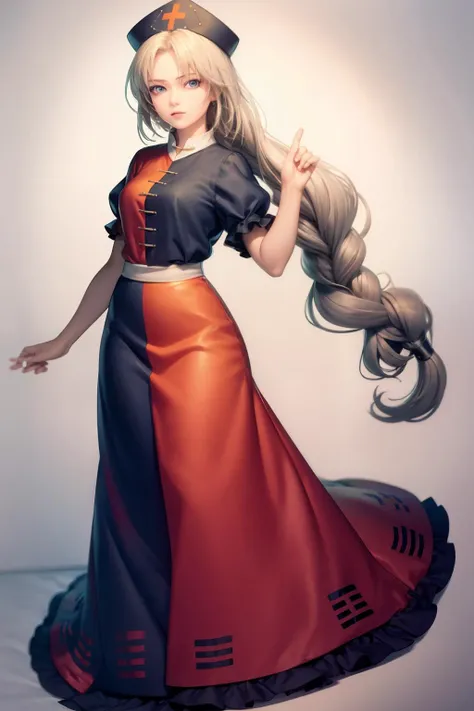 masterpiece, best quality, <lora:eirin:1.4>,1girl,solo, hat,nurse cap,long hair,braid,blue eyes,white hair,multicolored clothes,multicolored dress,short sleeves,grey background, full body,