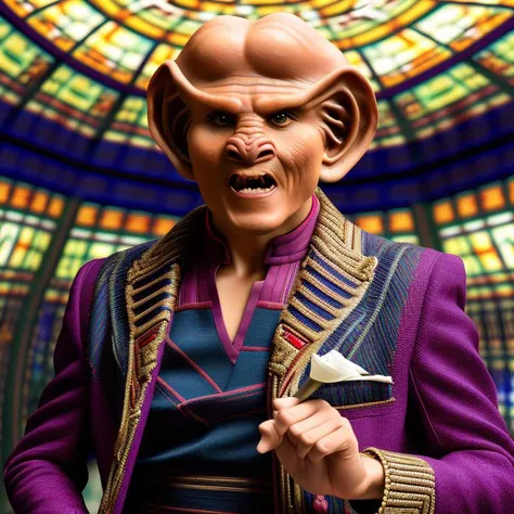 photo of a gorgeous ferengi man in the style of stefan kostic, half body shot, sharp focus, 8 k high definition, insanely detailed, intricate, elegant, art by stanley lau and artgerm