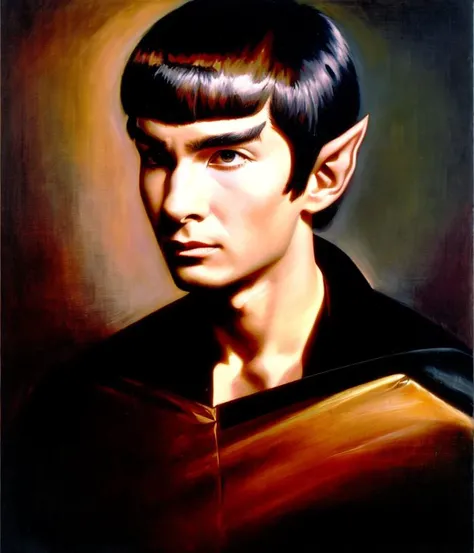 highly detailed oil painting, (young vulcan man), (face:1), robed, (stern:1), short black hair, neutral gray background, (closed mouth:1.0), (looking to the left:1)
