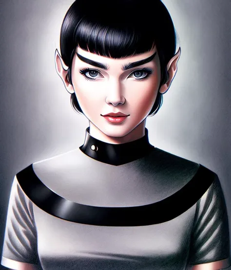 highly detailed drawing, (young vulcan woman), (face:1), blouse, stern, short black hair, neutral gray background, (closed mouth:1.0)