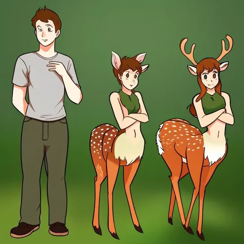 transformation sequence, man into deer taur woman, drawing, 3-part, clothes torn